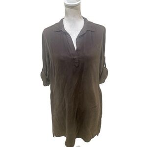 NWT Bella Dahl Brown V-Neck Roll-Tab long sleeve shirt dress tencel size medium